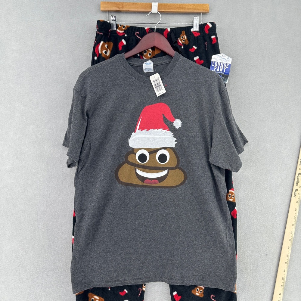 Y2K Christmas Poop Emoji Pajama Set Delta Pro Weight Gray Black Mens L Cozycore